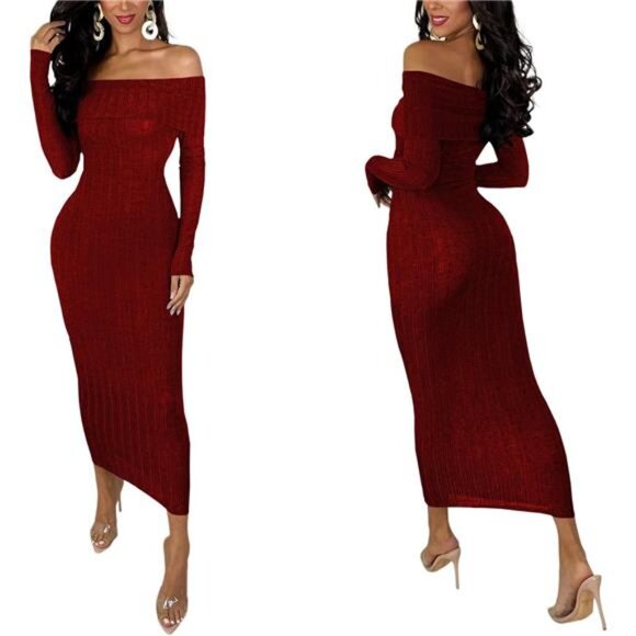 Women's Sexy Off Shoulder Ribbed Dress Red - Picture 4 of 4
